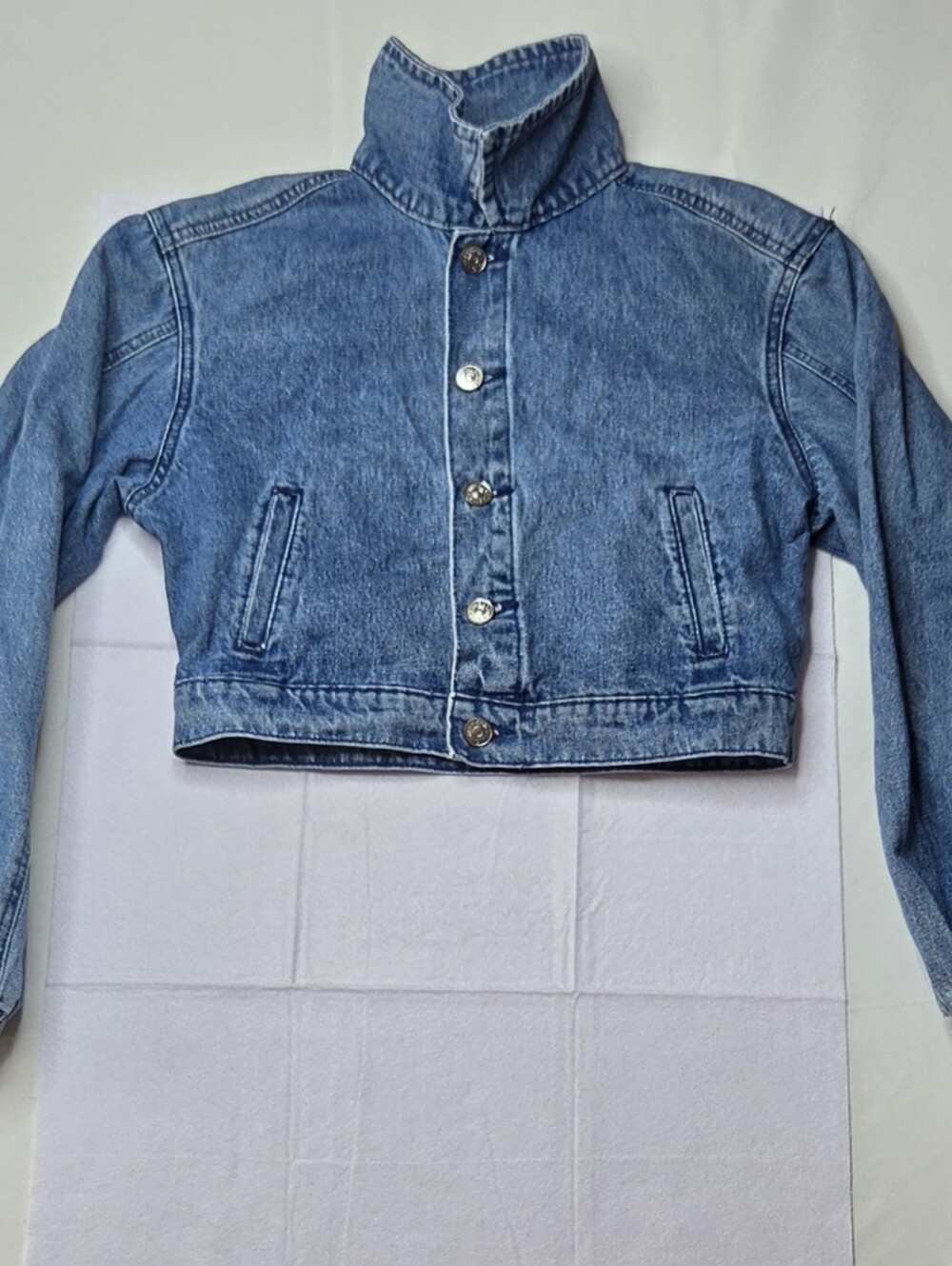 Madden Girl Cropped Denim Bomber Jacket High Collar Y2K XS Excellent Condition